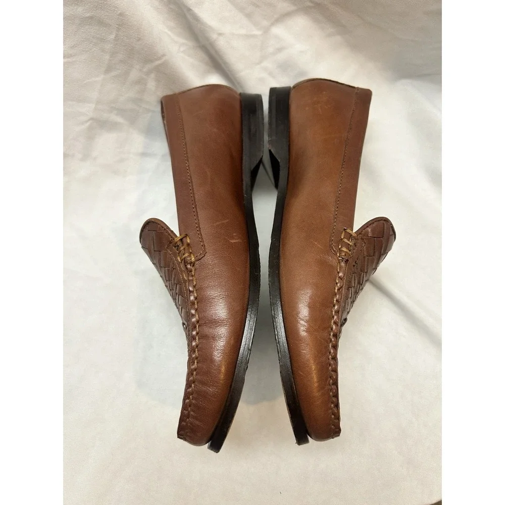 Cole Haan Woven Leather Pinch Loafers Women 8.5 B Brown Handsewn Old Money